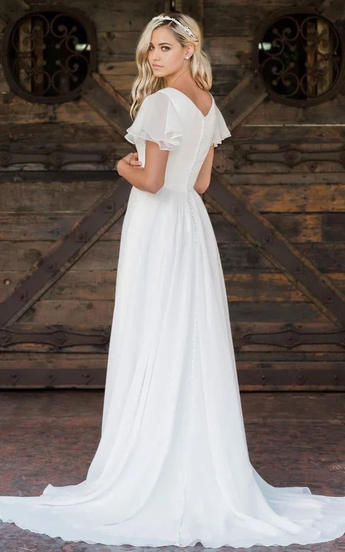 Vestido de novia de gasa con escote en V, largo hasta el suelo, cola, manga corta y volantes